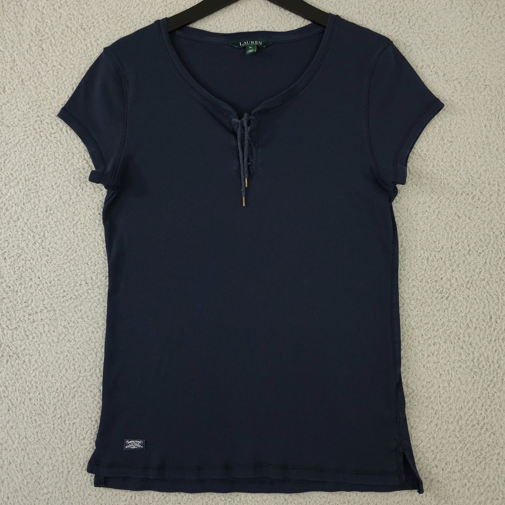 Vintage‎ Lauren Ralph Lauren Shirt Womens XL Blue Ribbed Knit Laced Tie Neck Top